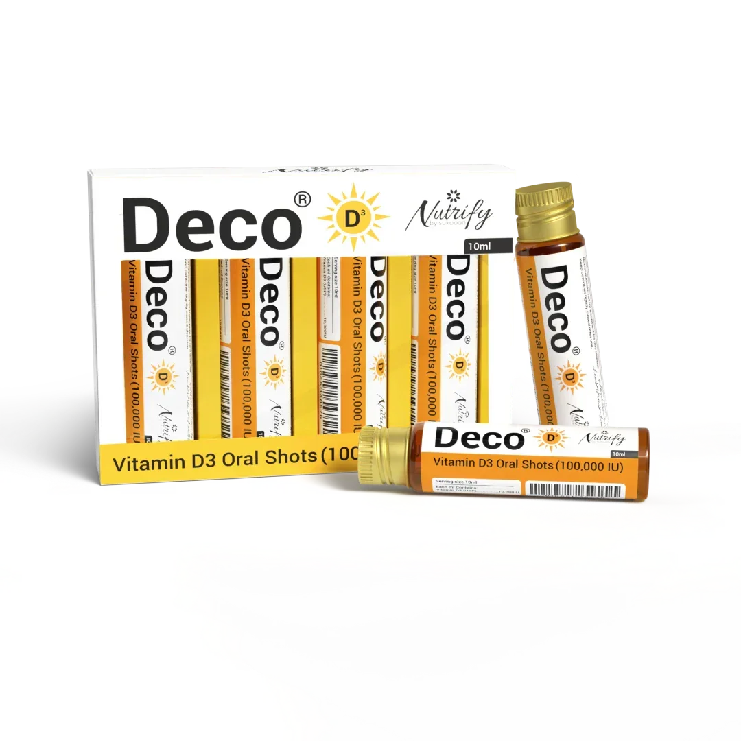 Deco Vitamin D3 Oral Shots 100,000 IU, 10ml vials with packaging, natural wellness supplement