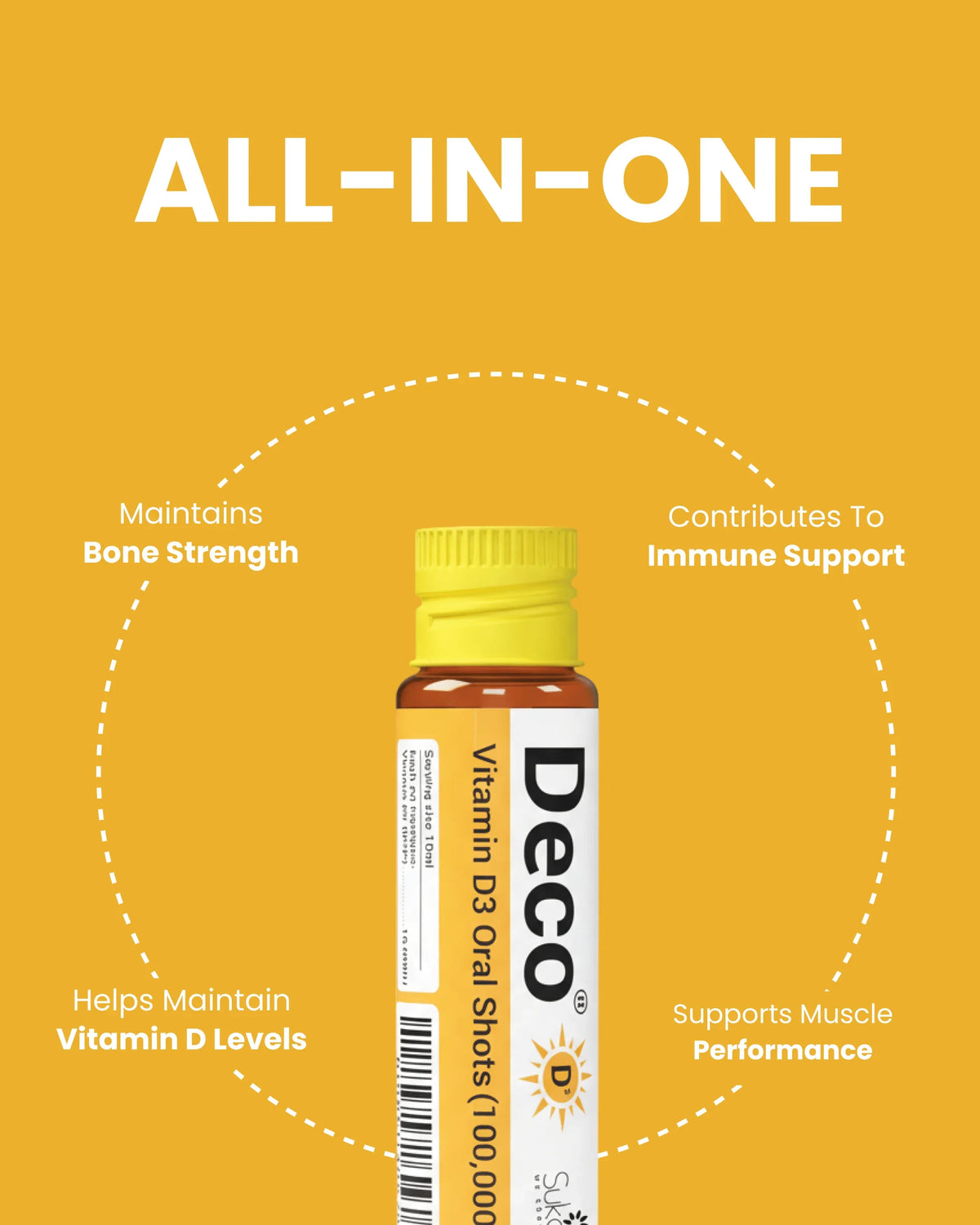 DECCO Vitamin D3 Oral Shots for immune support, bone strength, and muscle performance on yellow background