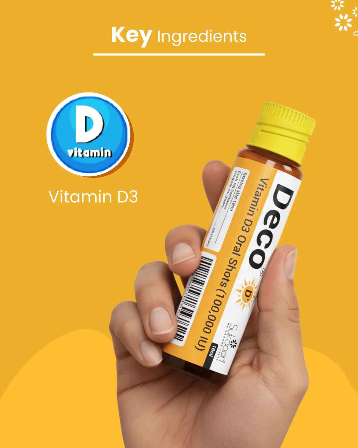 Hand holding DECO Vitamin D3 oral shot bottle with key ingredient highlight on yellow background
