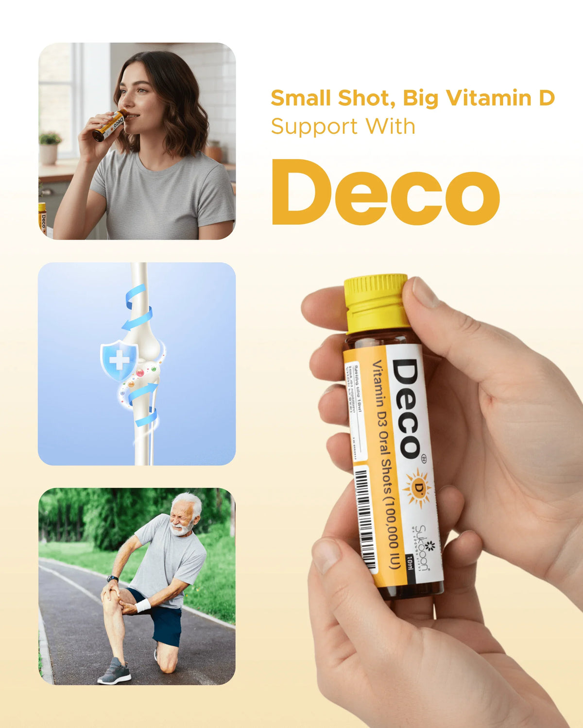 Deco Vitamin D3 Oral Shot for bone health support, 100,000 IU, natural wellness supplement
