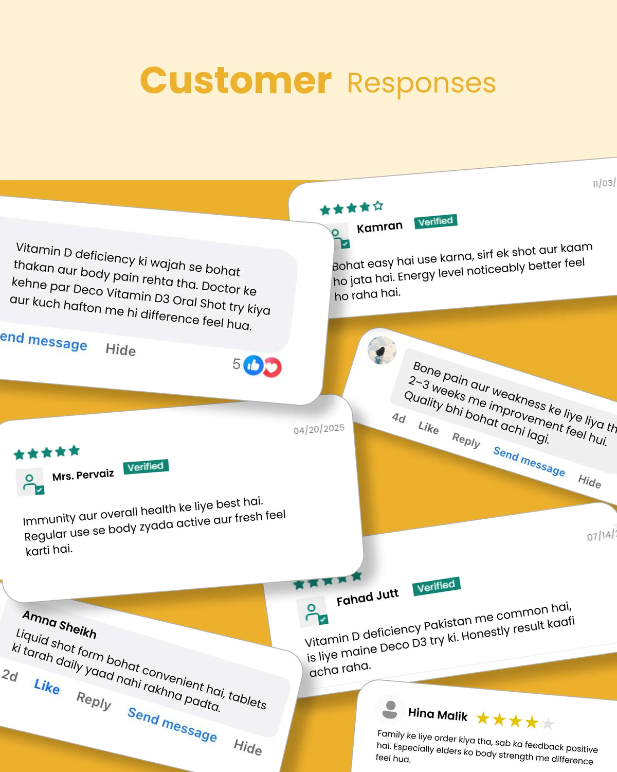Customer reviews for Vitamin D3 oral shot, highlighting improved energy, immunity & bone health in Pakistan