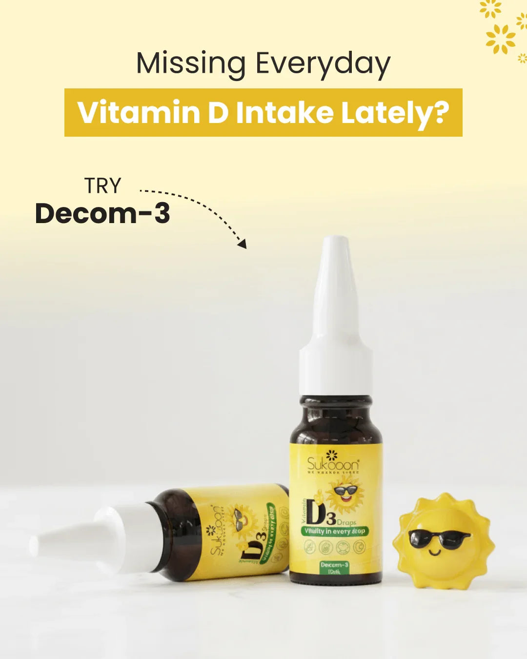 Sukooon Vitamin D3 Drops bottle with sunny design, promoting daily wellness and natural health support