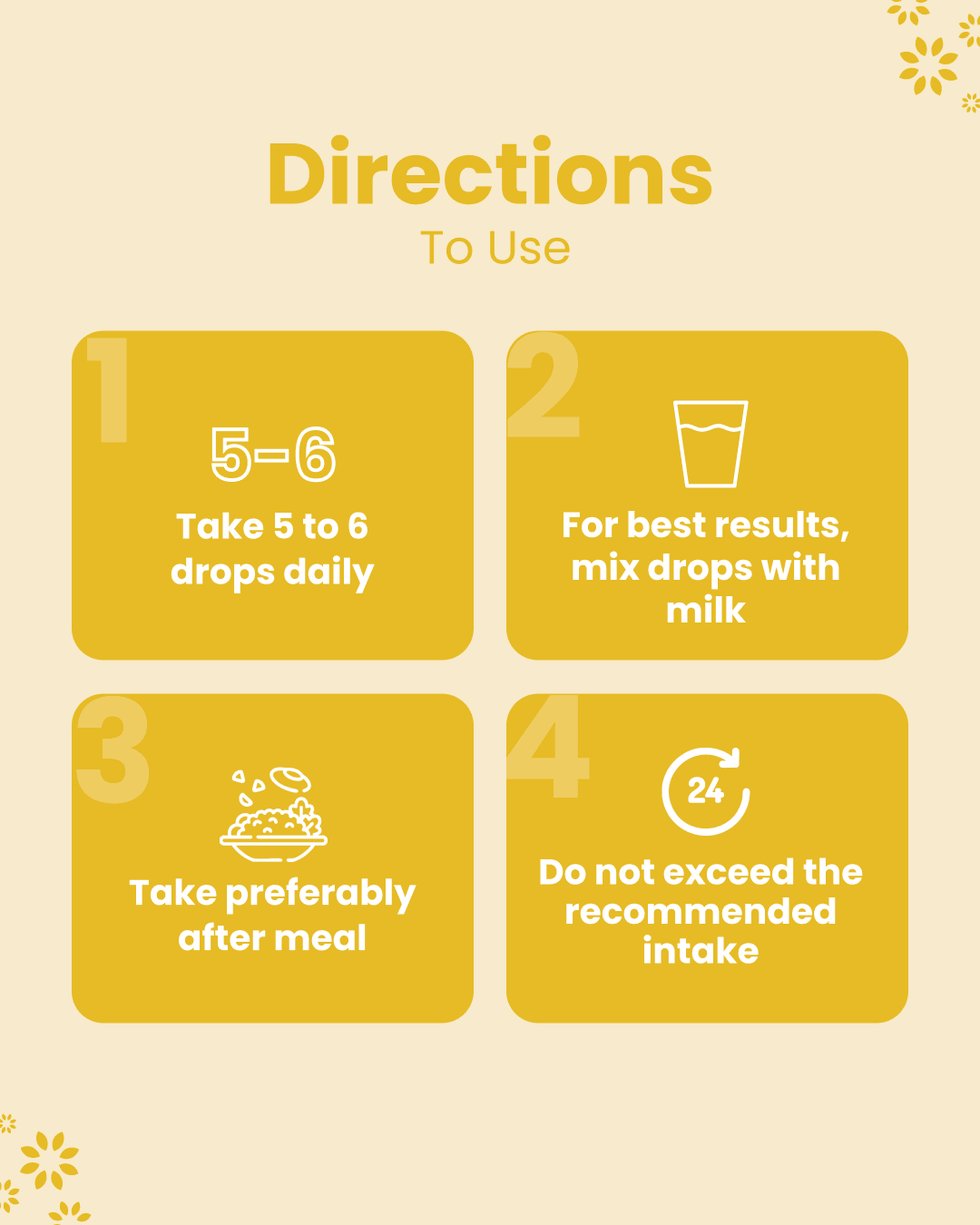 Directions to use wellness drops: 5-6 daily, mix with milk, take after meal, don’t exceed intake