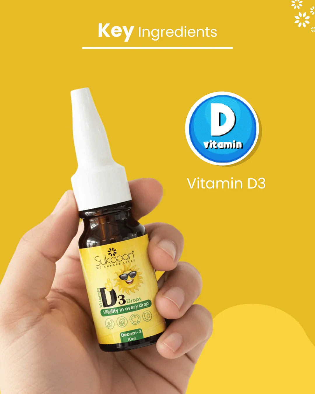 Hand holding Sukooon Vitamin D3 drops bottle with key ingredient highlight, natural wellness supplement