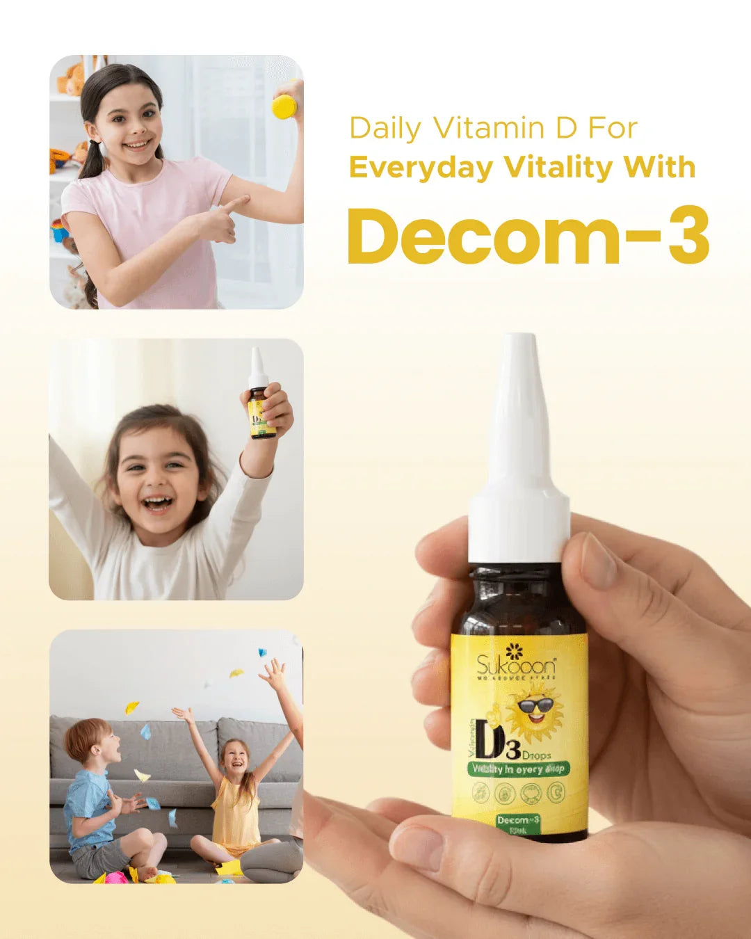 Sukooon Decom-3 Vitamin D3 Drops for kids, natural daily vitality supplement with happy children playing