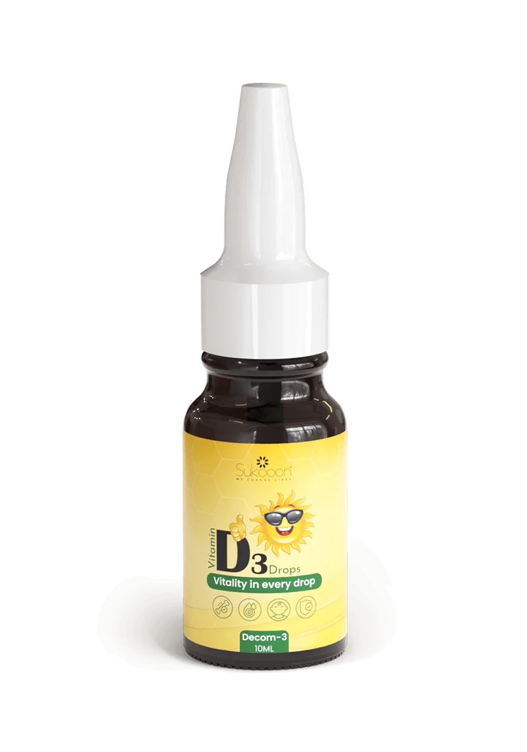 Vitamin D3 Drops 10ml bottle with sun mascot, vitality supplement for wellness