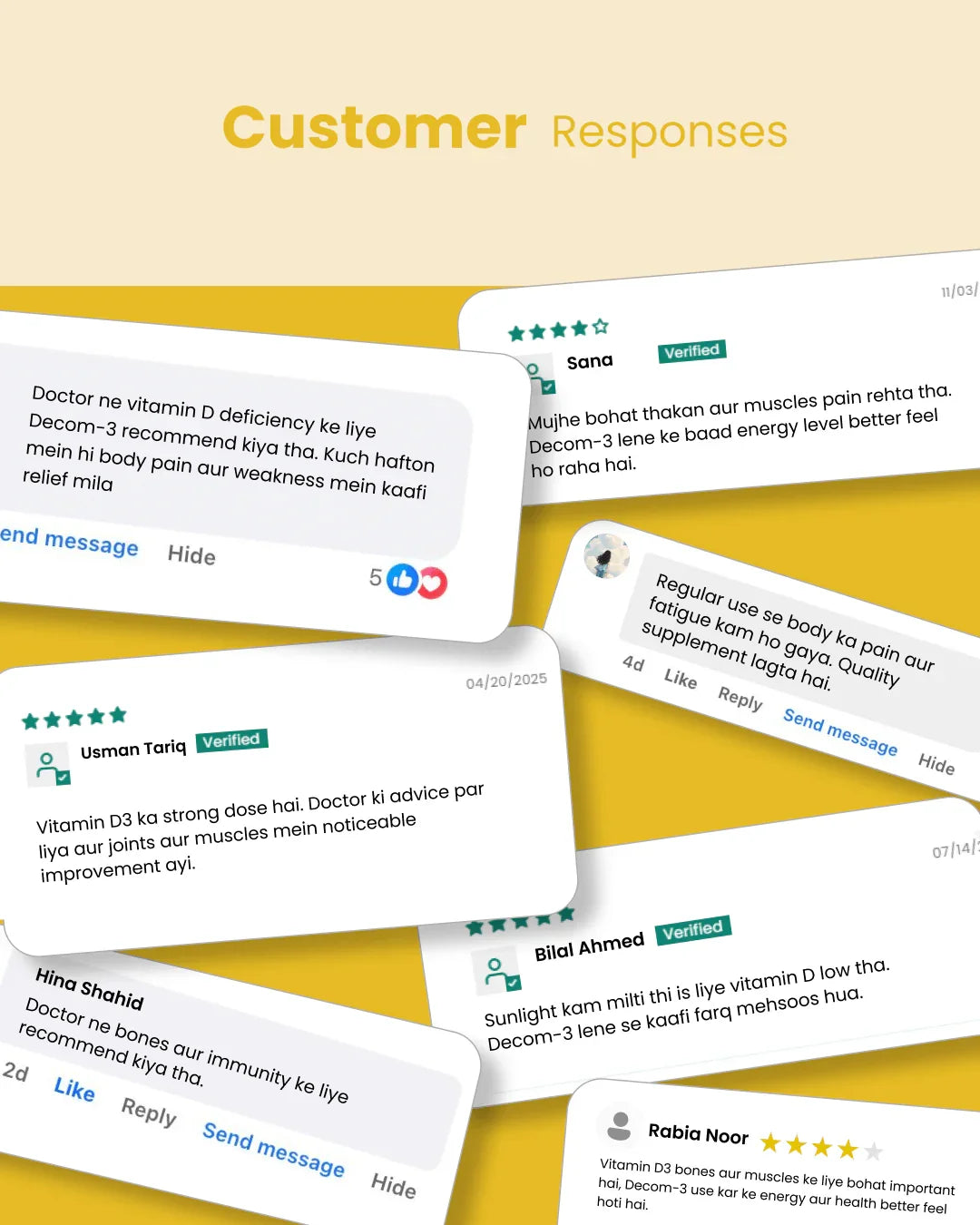 Customer reviews for vitamin D3 supplement, highlighting pain relief and energy boost from verified users