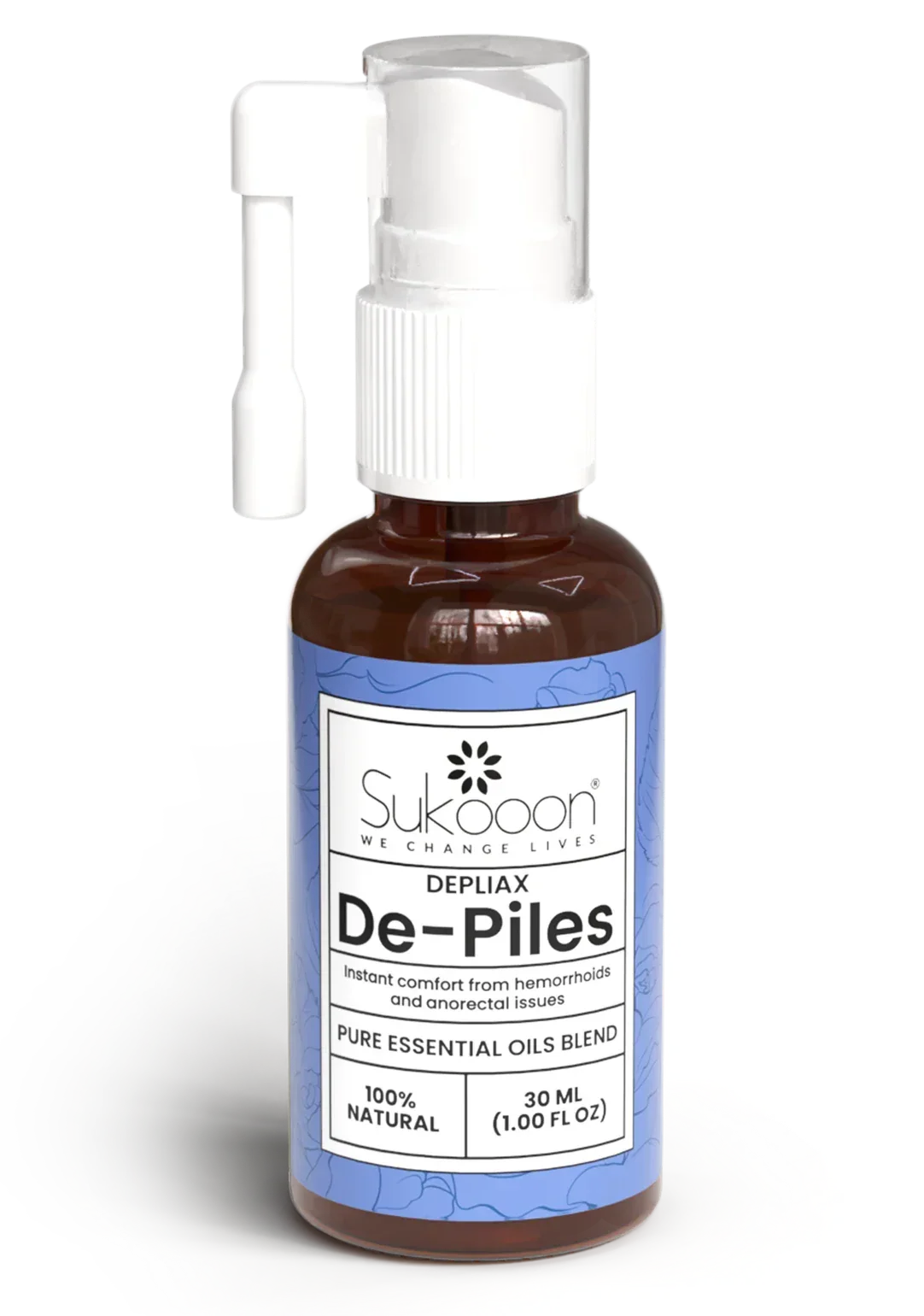 Sukooon De-Piles essential oil blend for hemorrhoid relief, 100% natural, 30ml spray bottle