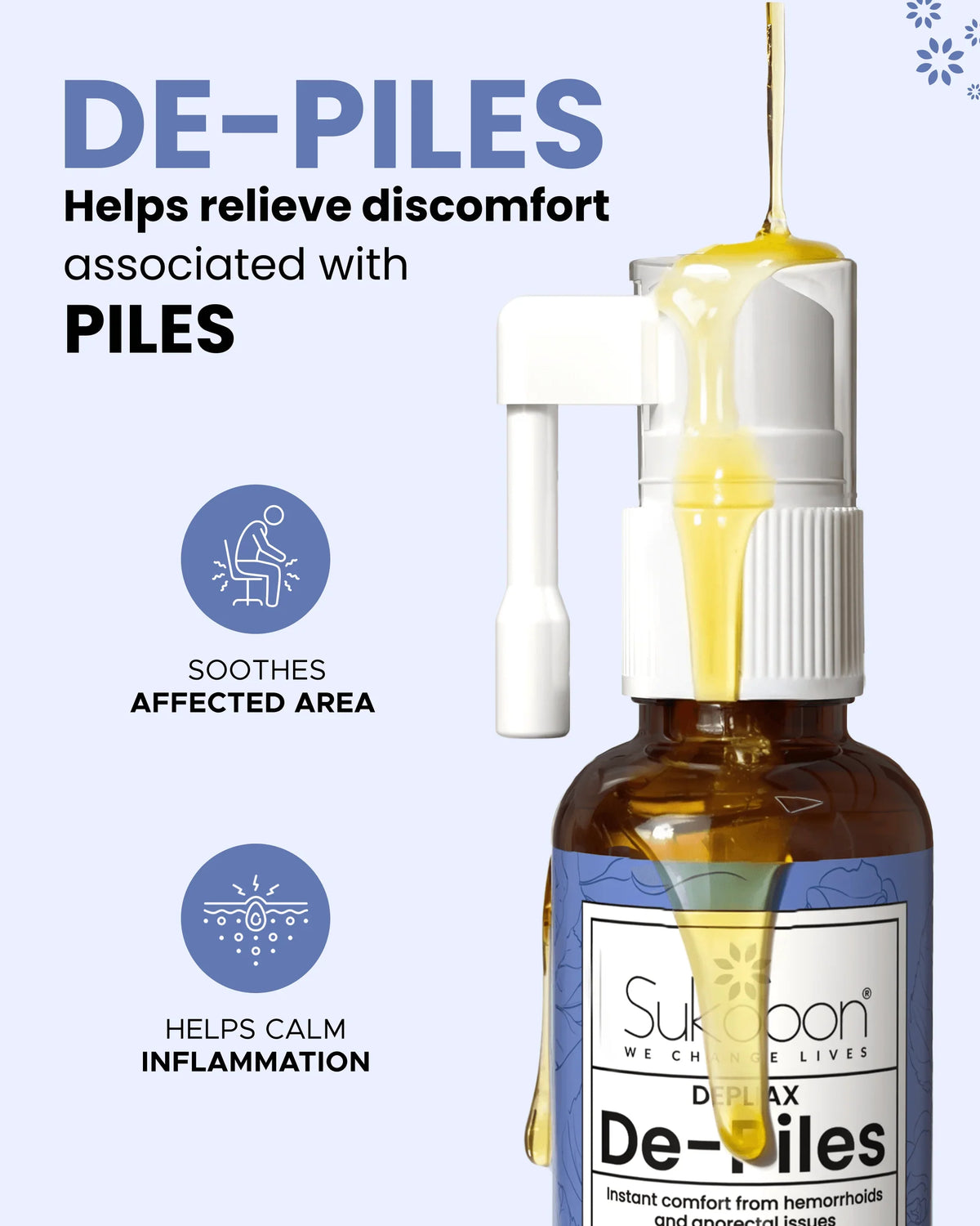 De-Piles natural oil for hemorrhoid relief, soothes discomfort & calms inflammation, certified wellness product
