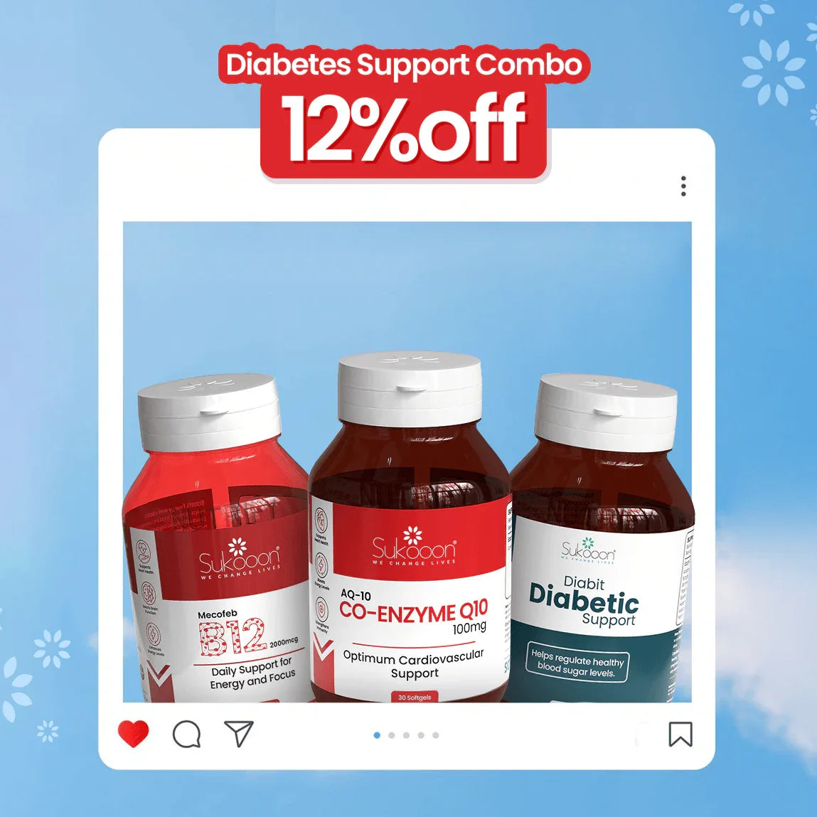 Diabetes Support Combo: Mecofeb B12, Co-Enzyme Q10 & Diabit supplements for blood sugar and energy support