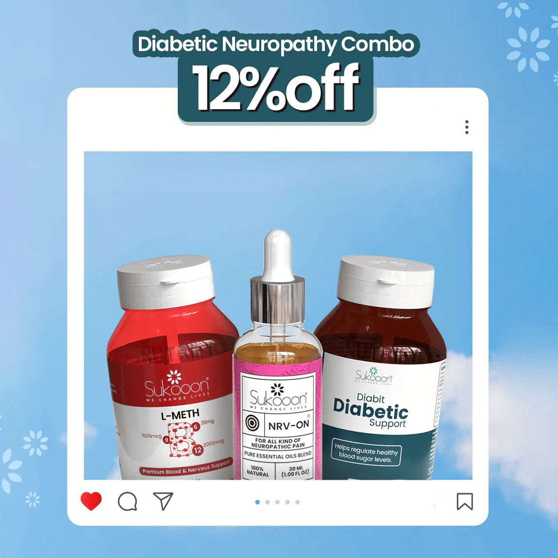 Diabetic Neuropathy Combo: L-METH, NRV-ON essential oil, Diabit support supplements — 12% off