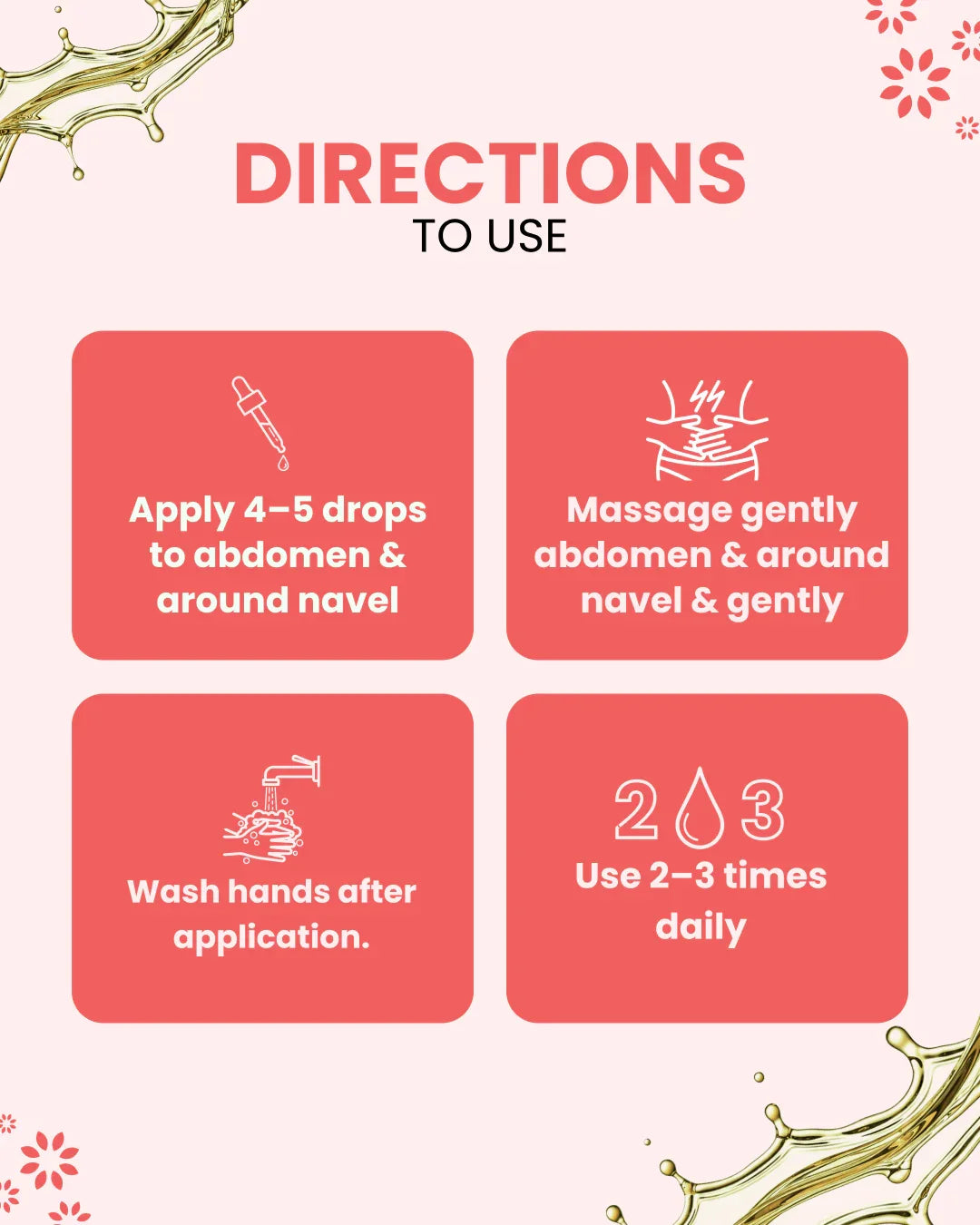 Essential oil usage guide: apply 4-5 drops to abdomen, massage gently, wash hands, use 2-3x daily