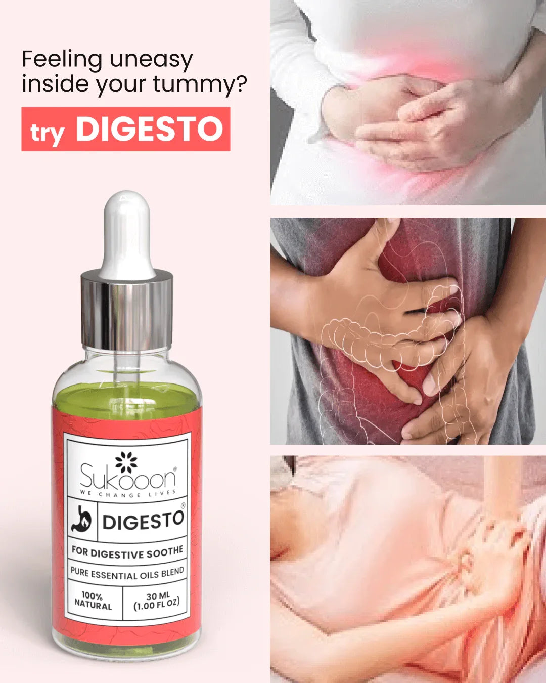 DIGESTO pure essential oils blend for digestive soothe, 100% natural, 30ml bottle with dropper