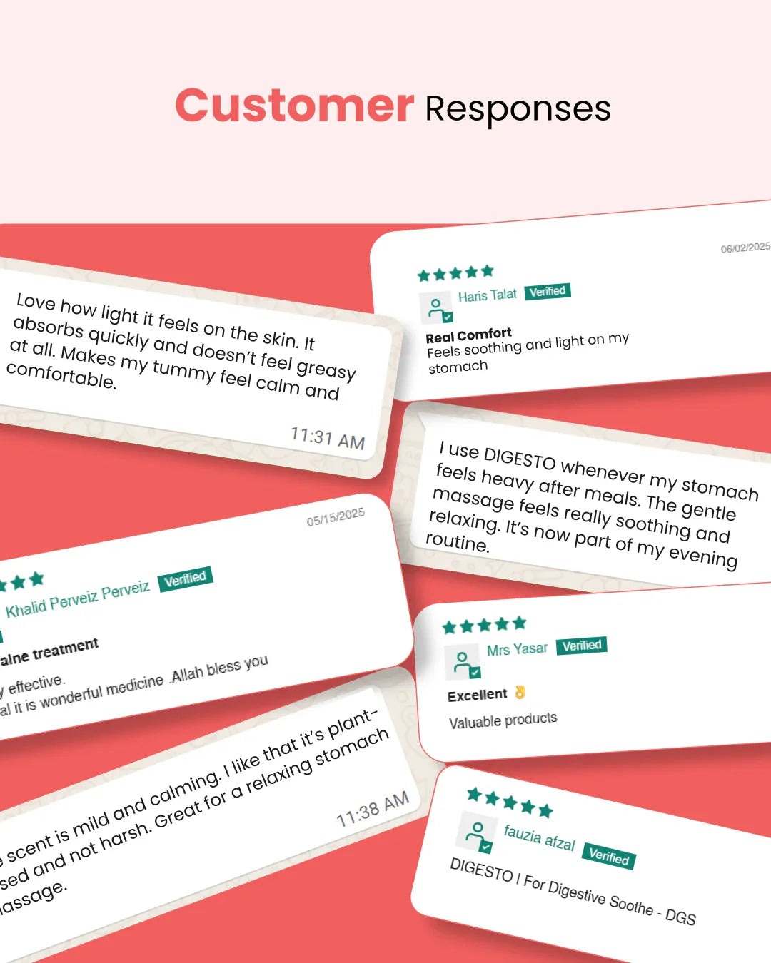 Customer reviews for natural digestive soothe product, highlighting comfort, light absorption, and plant-based benefits