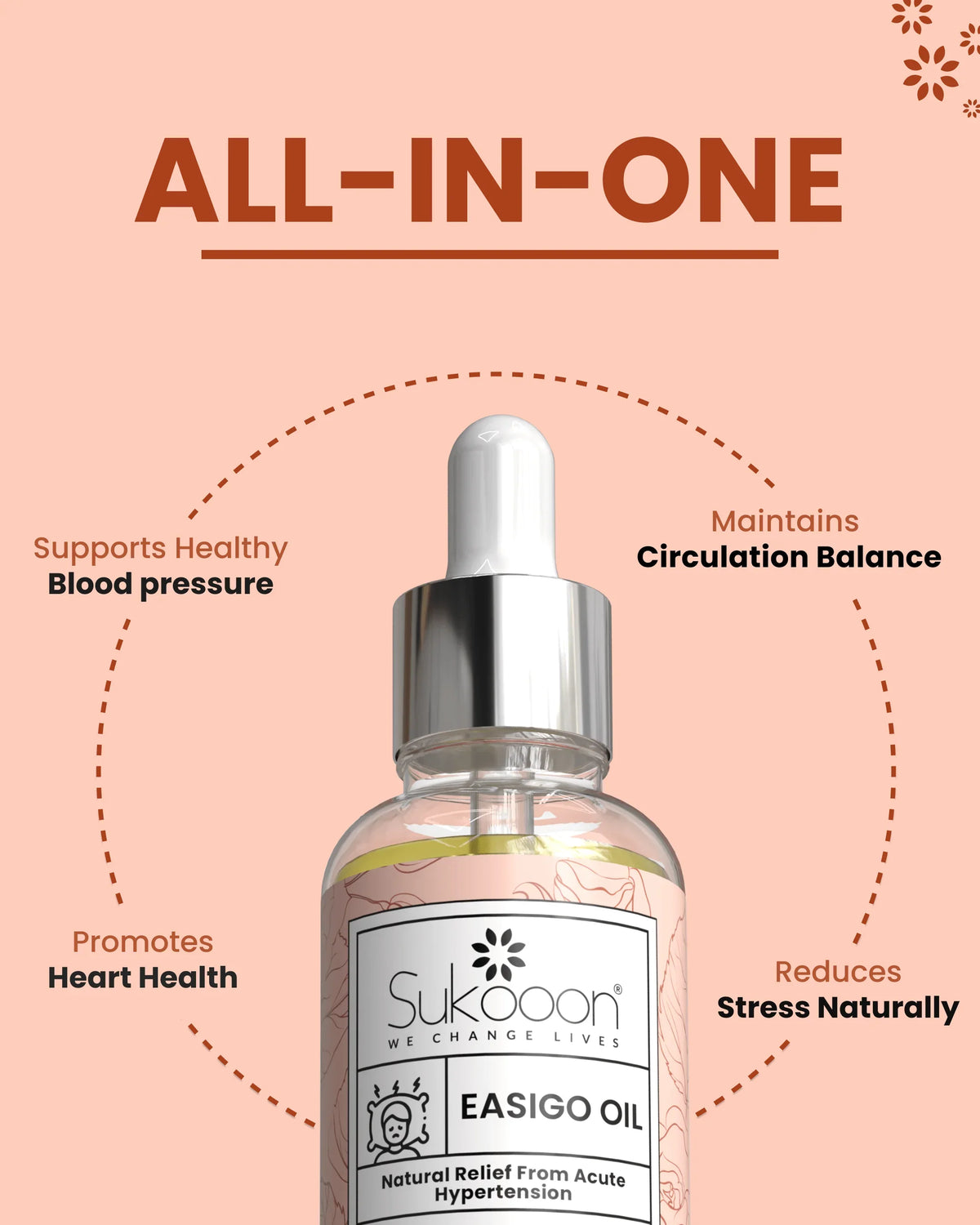 Sukooon Easigo Oil bottle with dropper, promotes heart health, healthy blood pressure, circulation balance, and natural stress relief