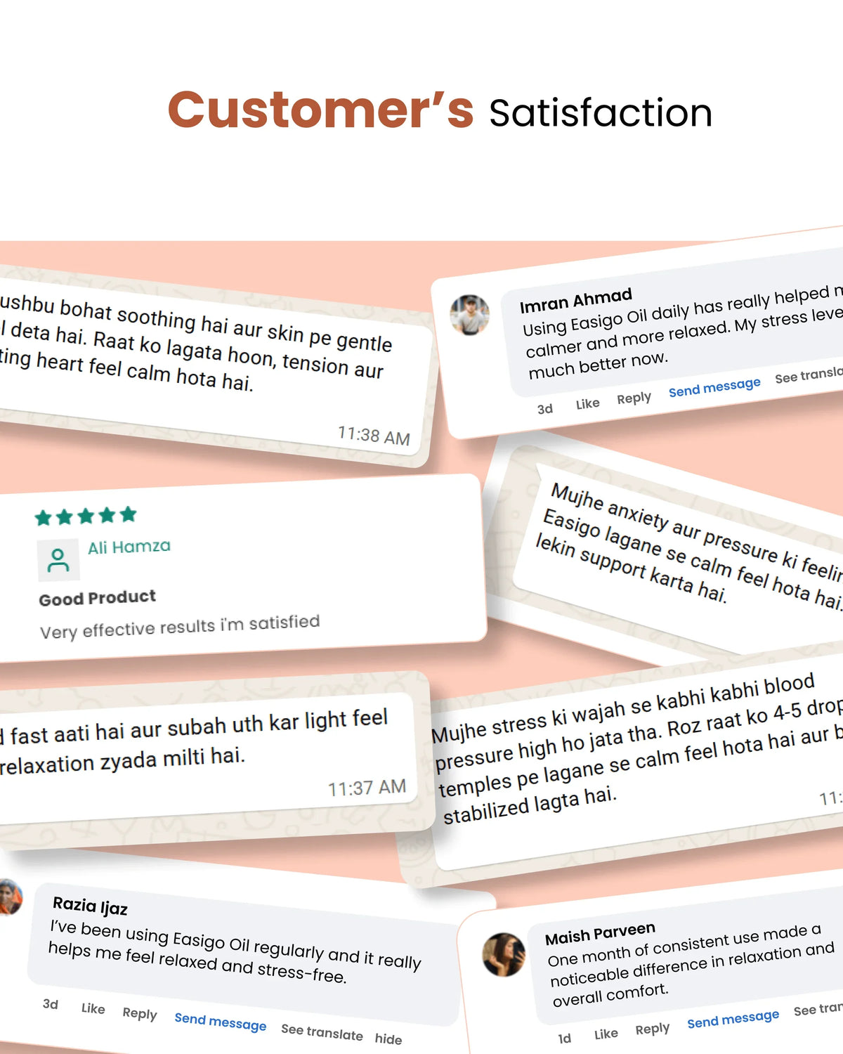 Customer reviews for Easigo Oil showing relaxation and stress relief benefits with 5-star ratings