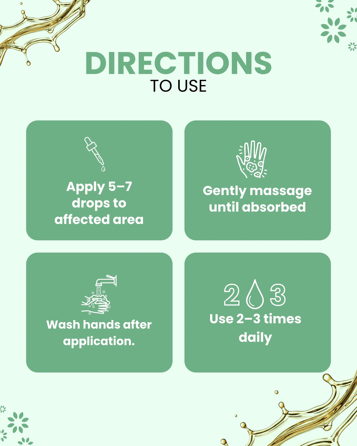 Essential oil usage guide: apply 5-7 drops, massage, wash hands, use 2-3x daily for wellness