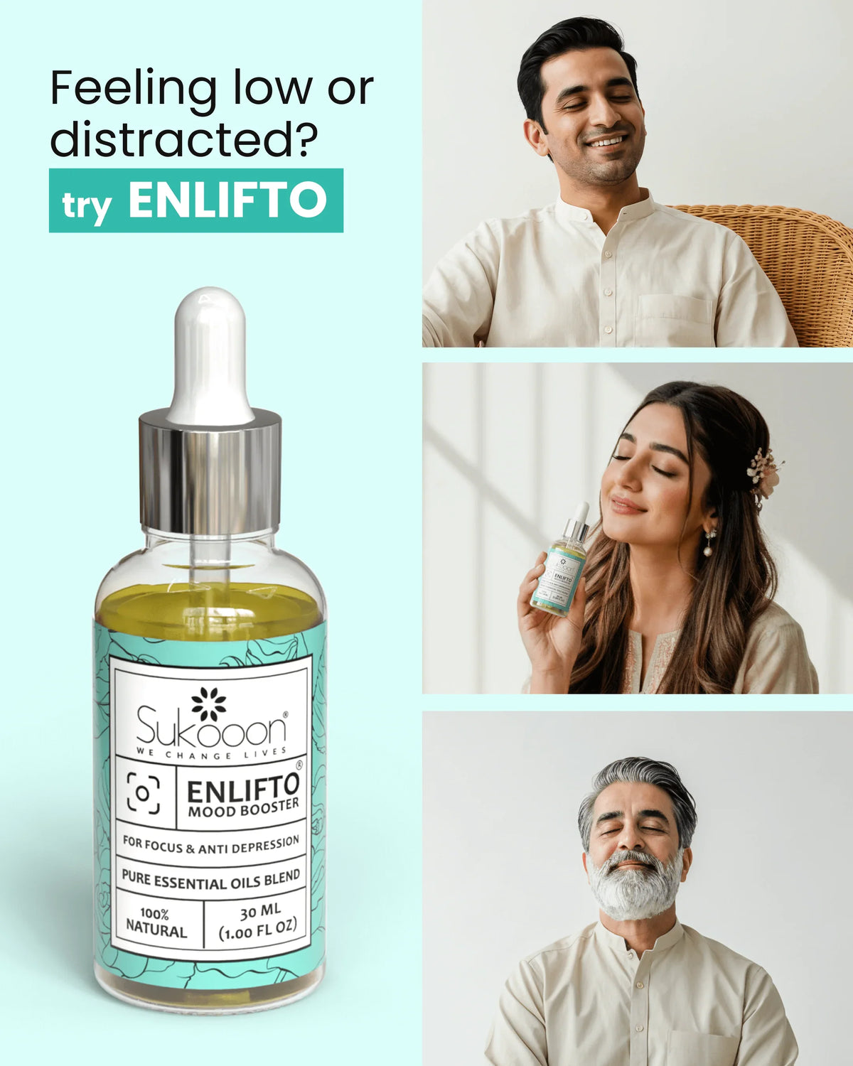 ENLIFTO Mood Booster essential oil blend for focus & anti-depression, 100% natural 30ml bottle with happy users