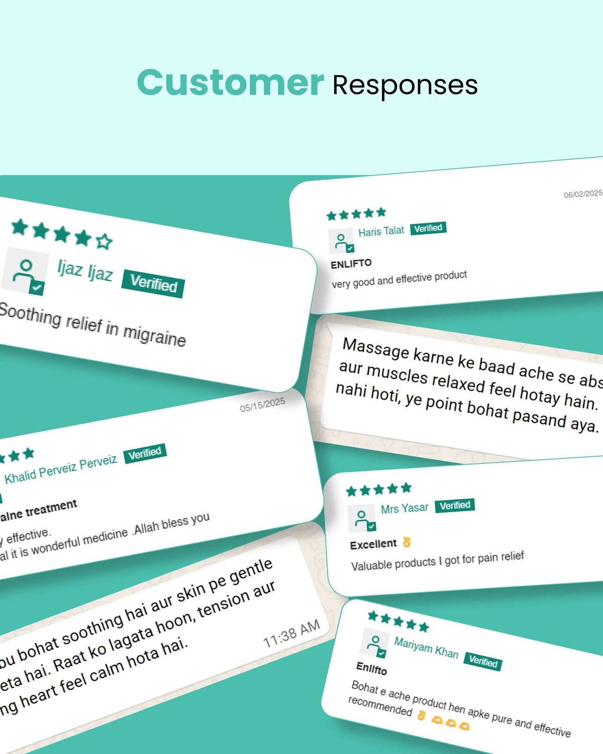 Customer reviews for natural pain relief and wellness products with 5-star ratings and verified feedback