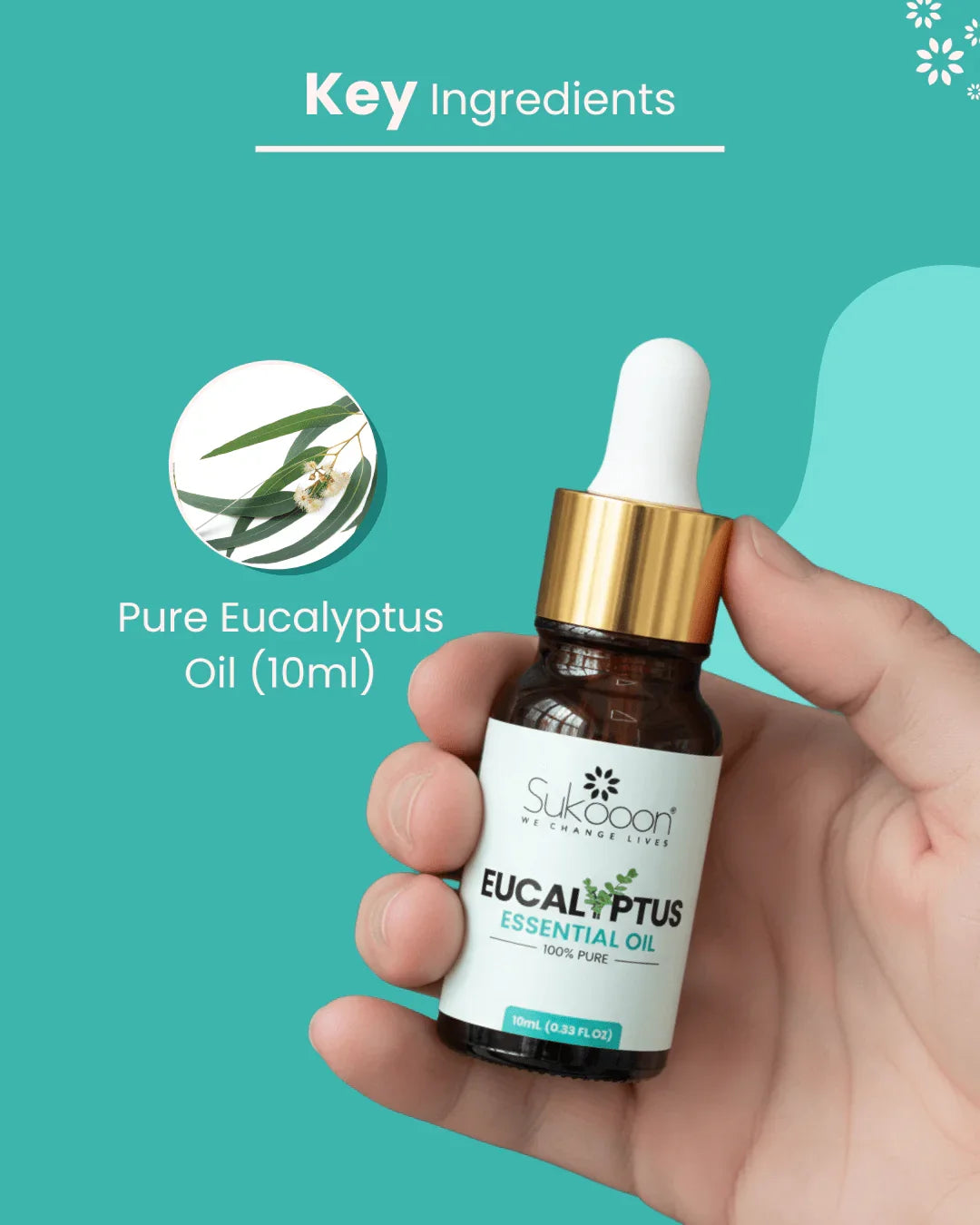 Hand holding 10ml bottle of pure eucalyptus essential oil with dropper, key ingredient highlighted