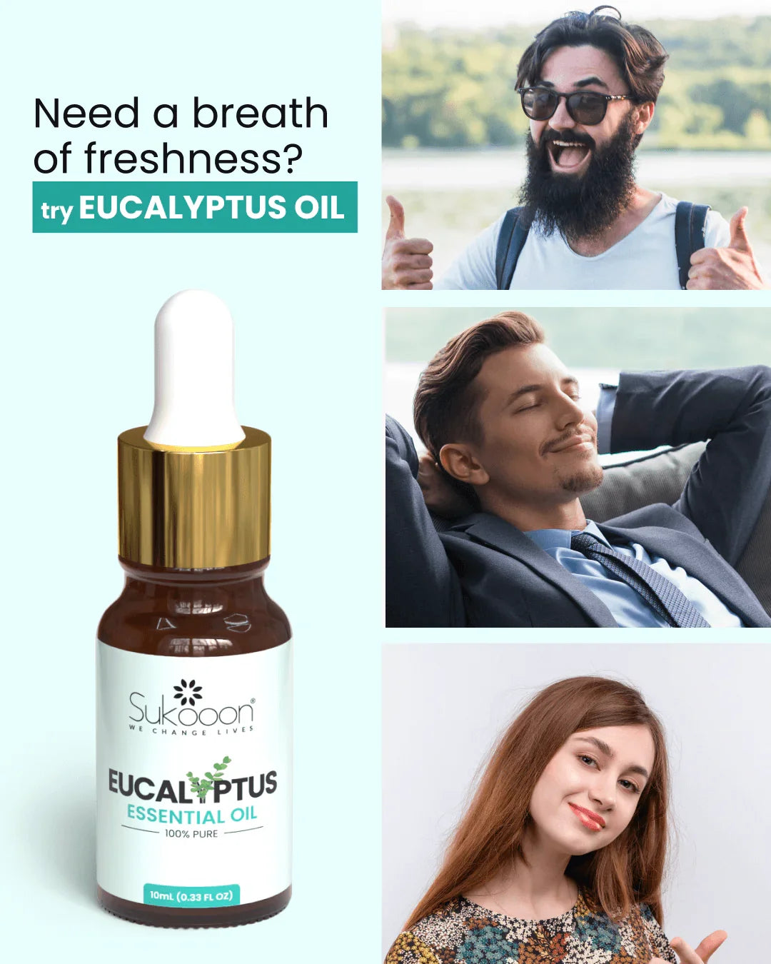 100% pure eucalyptus essential oil bottle with dropper, promoting freshness and wellness for daily use
