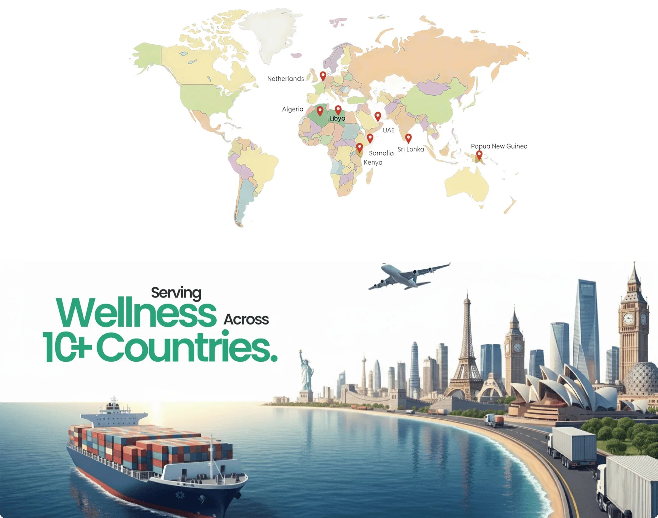Global wellness delivery: cargo ship, plane, trucks serving 10+ countries with natural health products