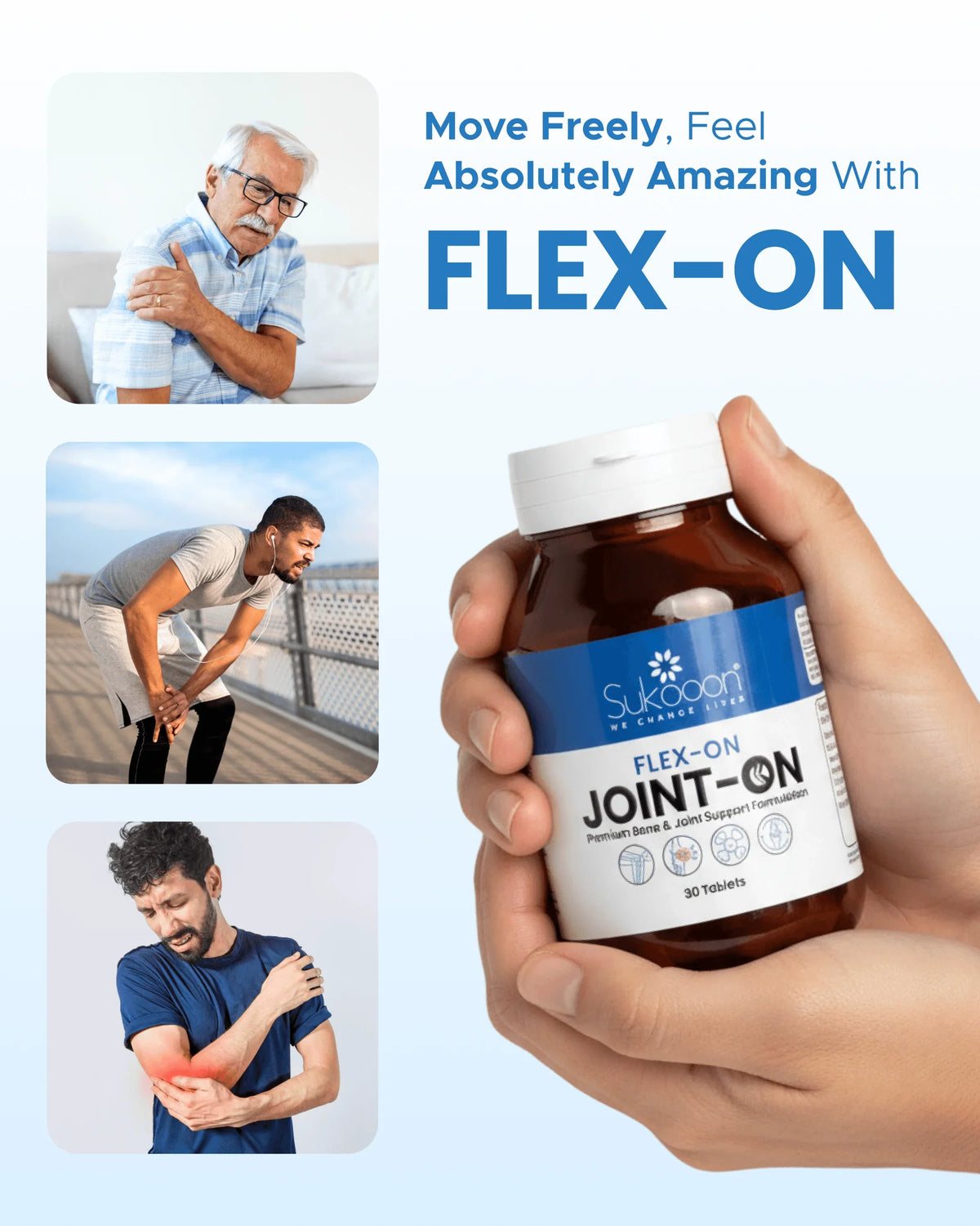 Flex-On joint support supplement bottle with men experiencing joint pain relief, promoting mobility and wellness.