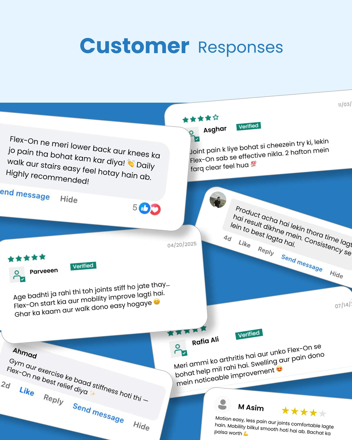 Customer reviews for Flex-On joint pain relief supplement, showing verified testimonials on mobility and comfort improvement