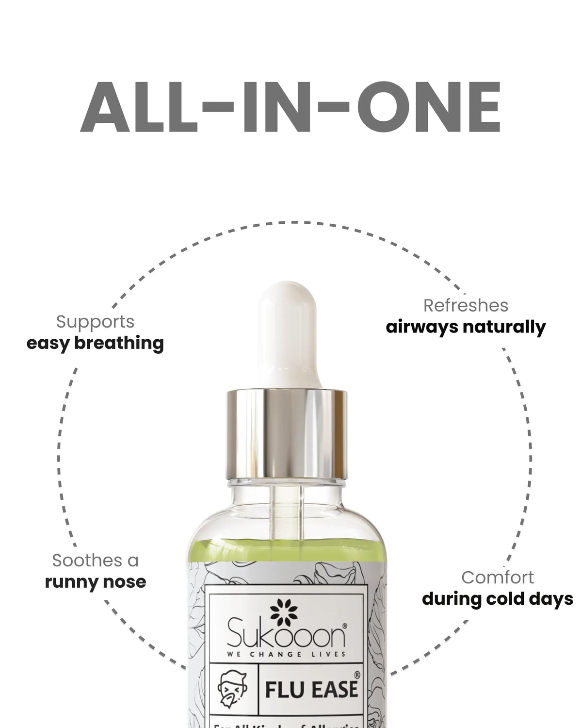 Sukooon Flu Ease essential oil blend for easy breathing, soothing runny nose, and natural airway relief during colds