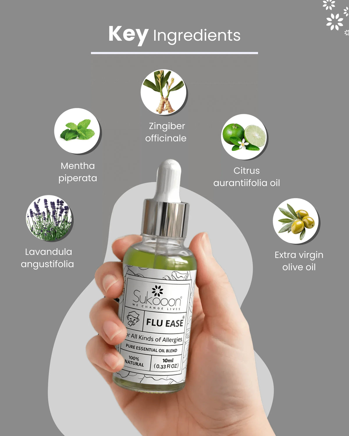 Flu Ease essential oil blend with natural ingredients: ginger, mint, lavender, citrus, olive oil