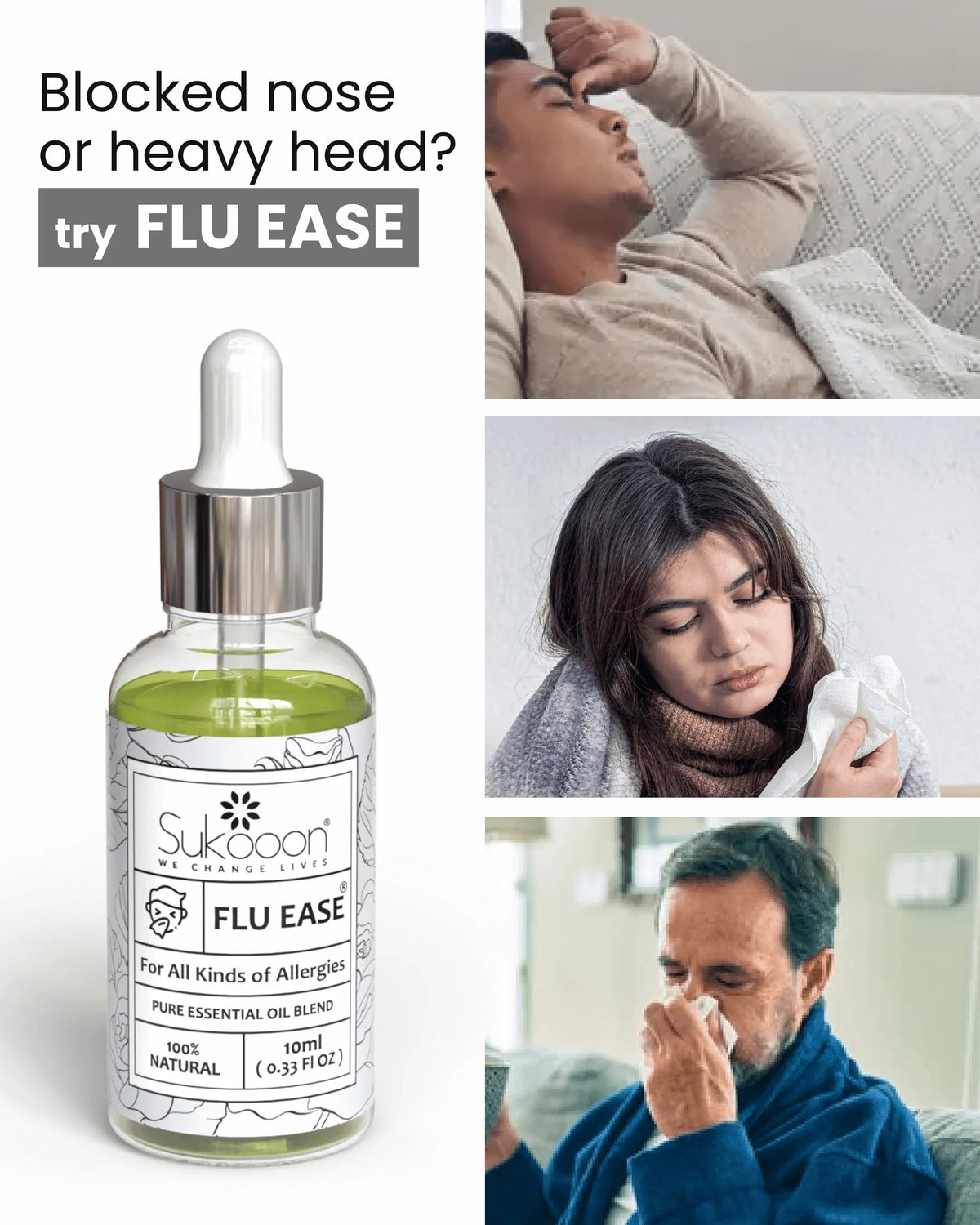 FLU EASE pure essential oil blend for blocked nose, heavy head, allergies — 100% natural, 10ml dropper bottle