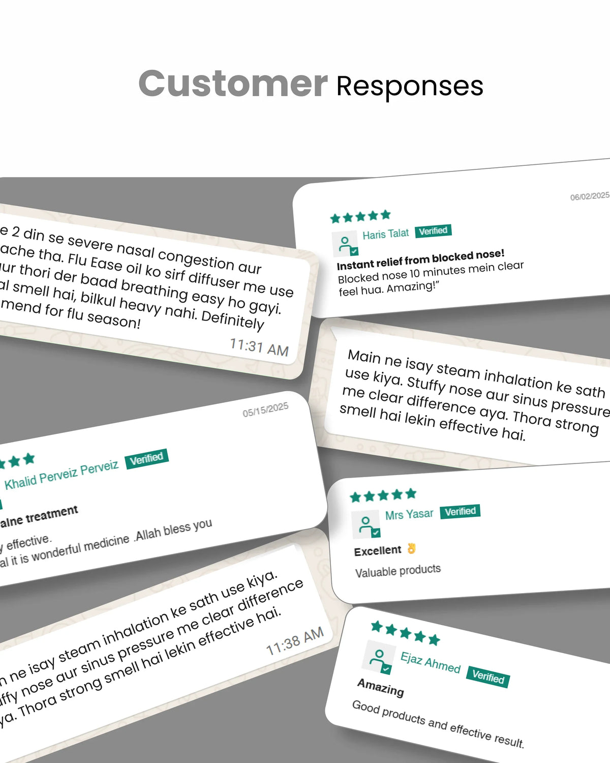 Customer reviews for natural wellness products, highlighting relief from nasal congestion and effective results