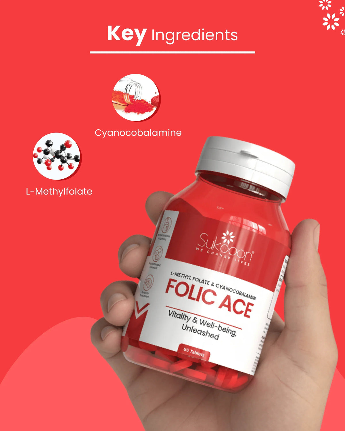 Hand holding red Folic Ace supplement bottle with L-Methylfolate & Cyanocobalamin, key ingredients highlighted