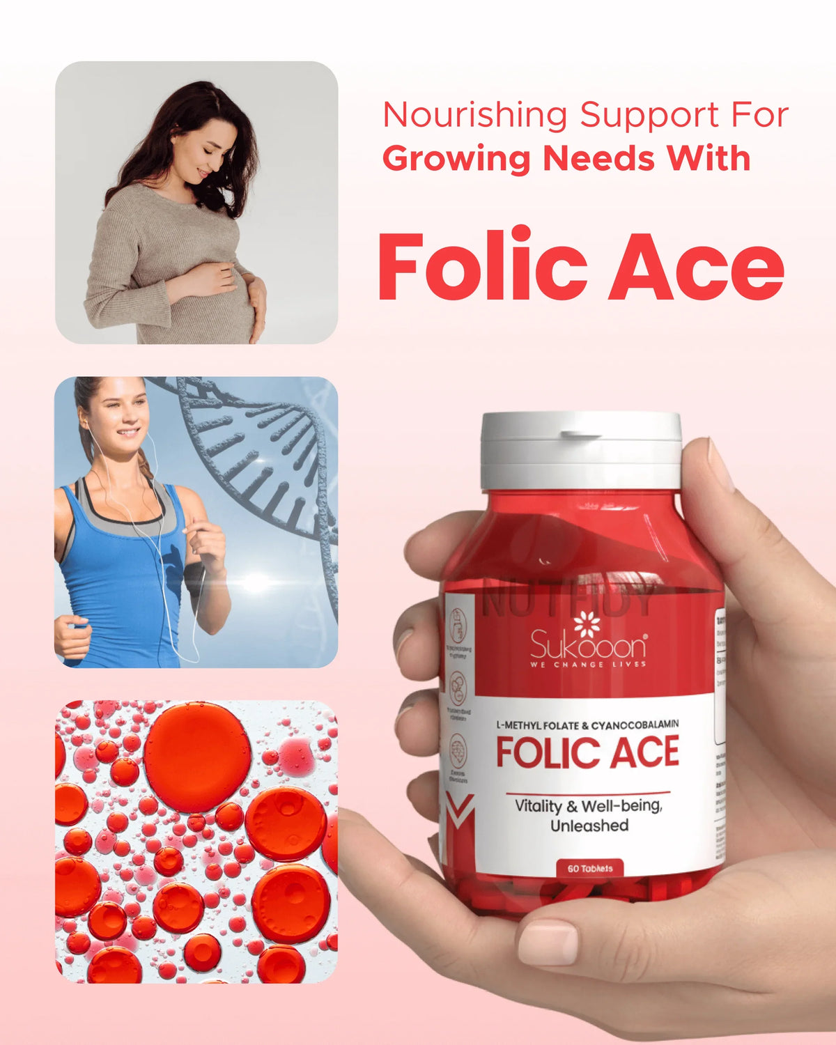 Folic Ace supplement bottle with pregnant woman, active lifestyle, and red blood cell imagery for vitality support