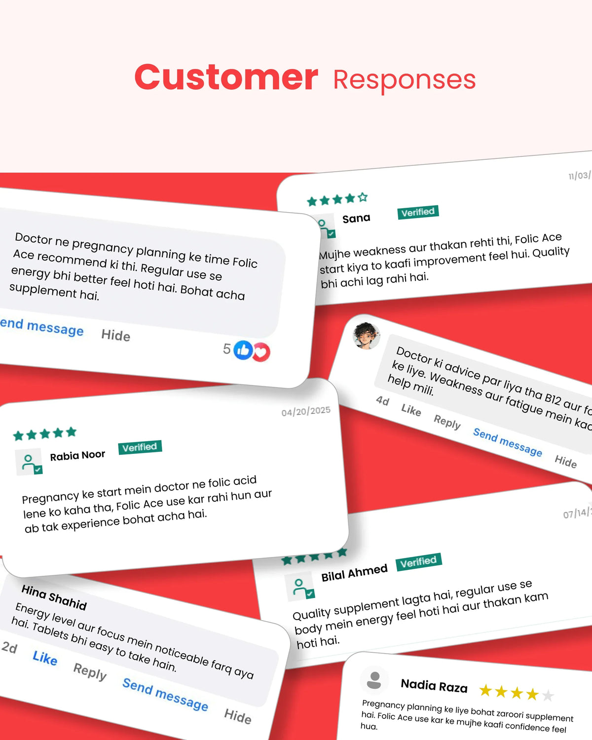 Customer reviews for Folic Ace supplement, highlighting energy, pregnancy support, and verified user experiences