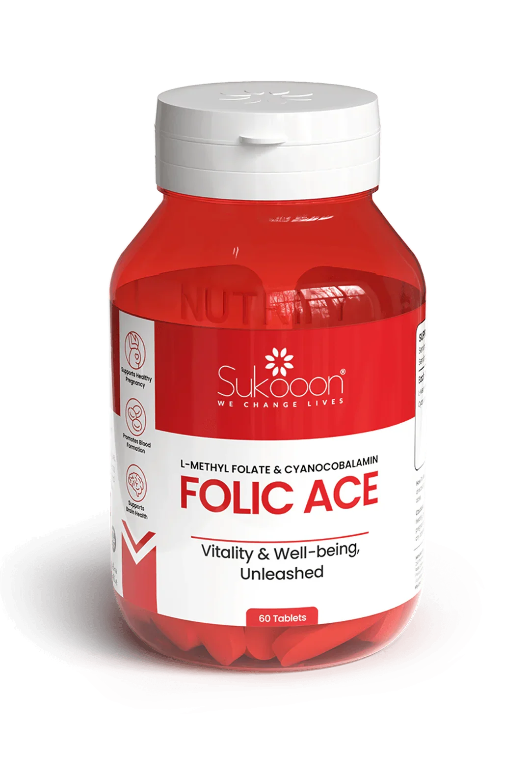 Folic Ace supplement with L-Methyl Folate & Cyanocobalamin for vitality, 60 tablets in red bottle