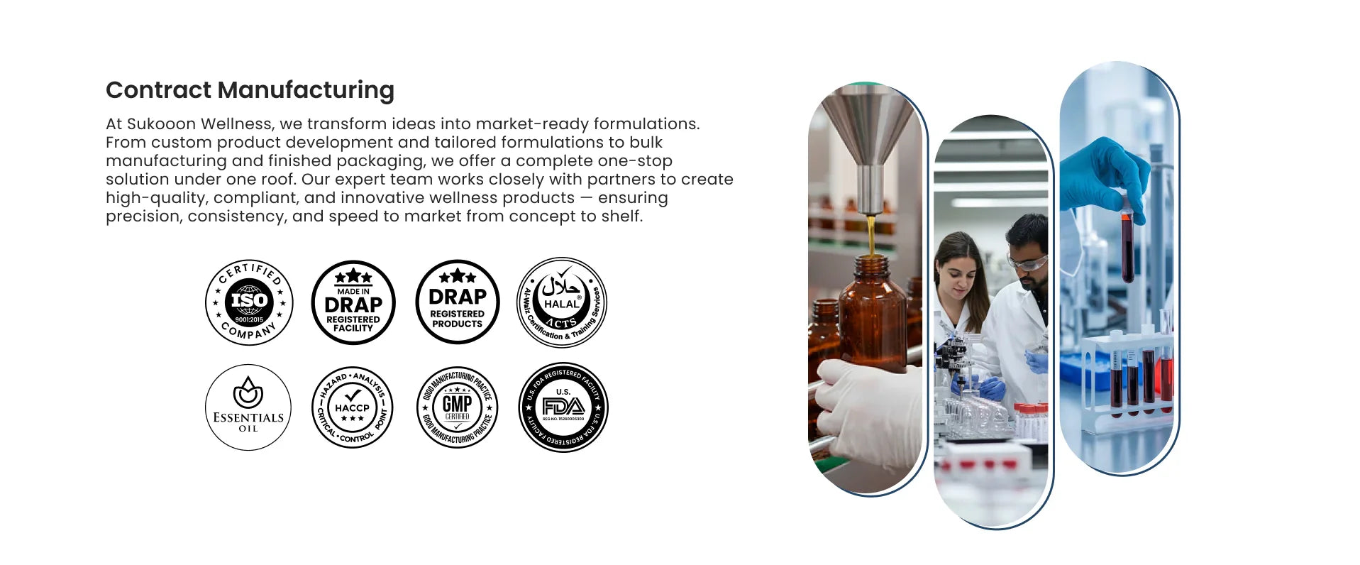 Lab scientists crafting natural wellness products with certified quality, essential oils, and FDA/DRAP compliance