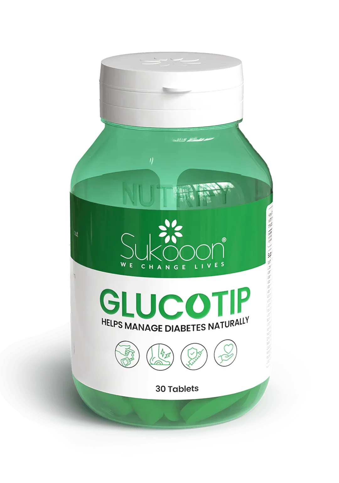 Sukoon Glucotip natural diabetes management supplement, 30 tablets in green bottle