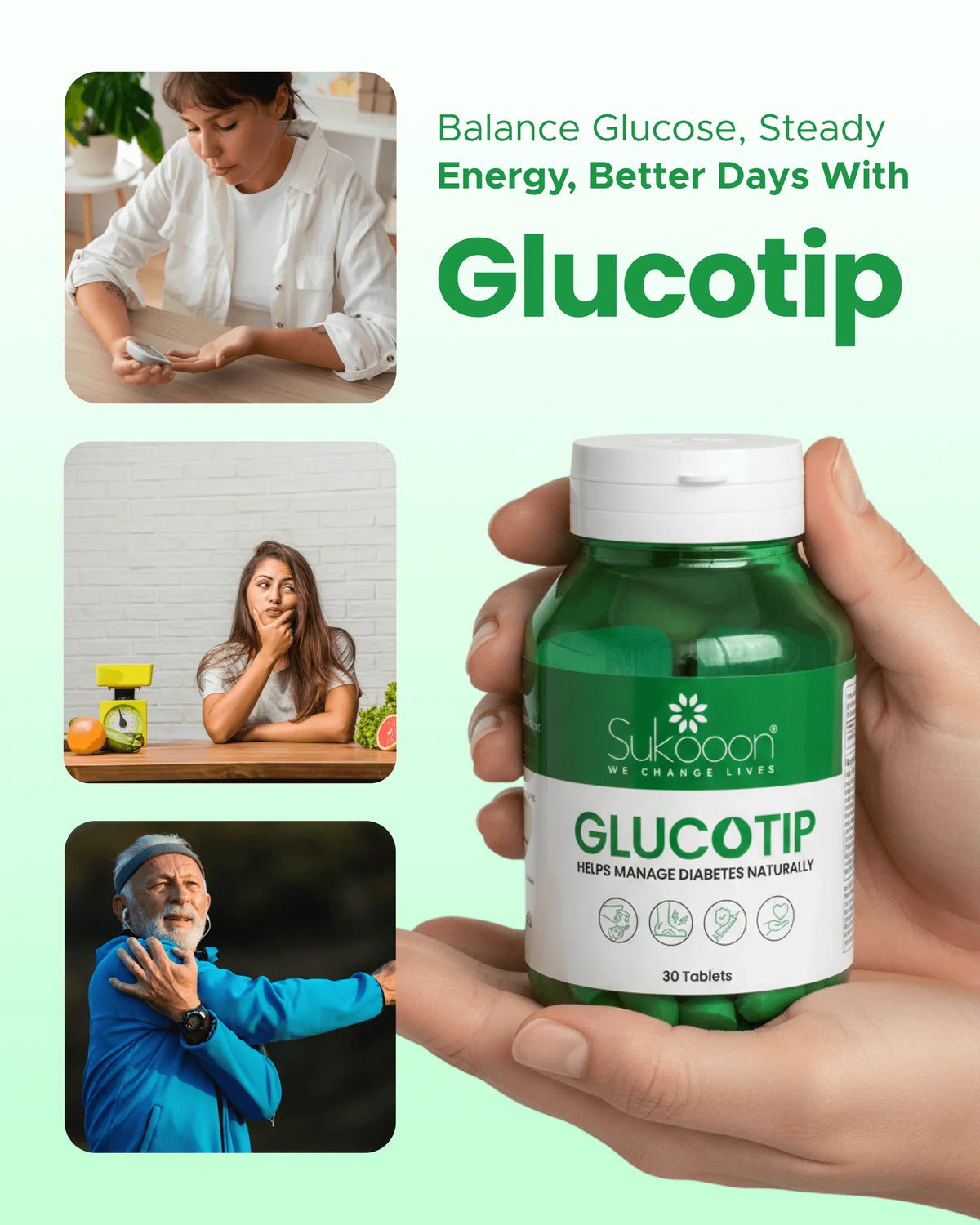 GlucoTip natural diabetes support supplement bottle with green capsules, helps balance glucose and energy