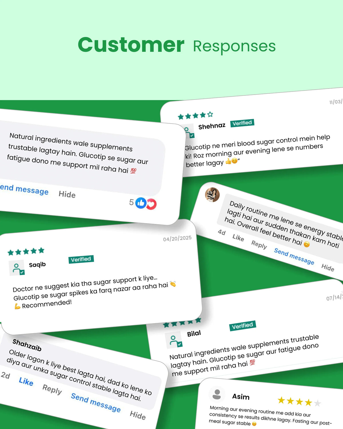 Customer reviews for natural supplements supporting blood sugar and energy, with verified ratings and testimonials.