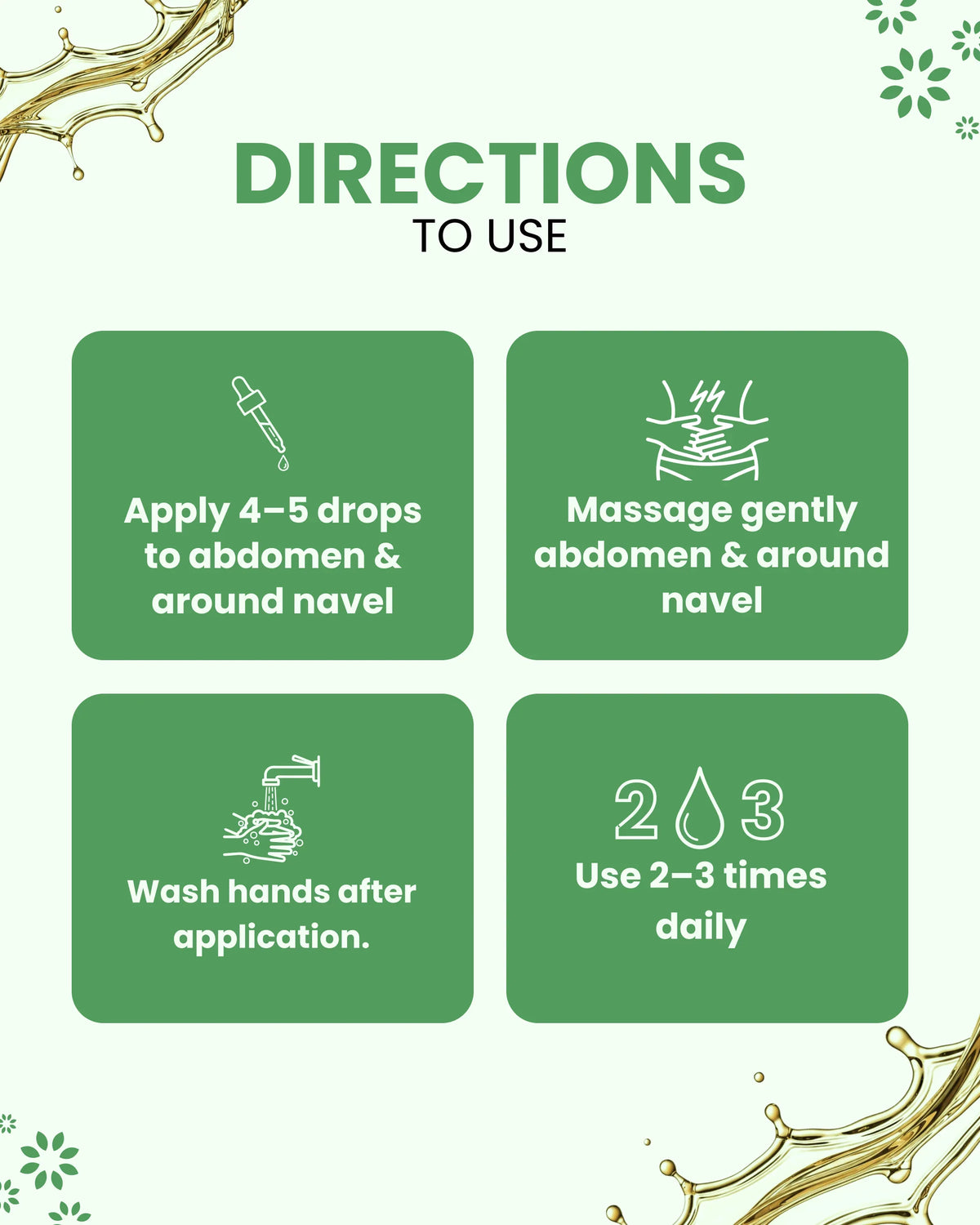Essential oil usage guide: apply 4-5 drops to abdomen, massage gently, wash hands, use 2-3x daily