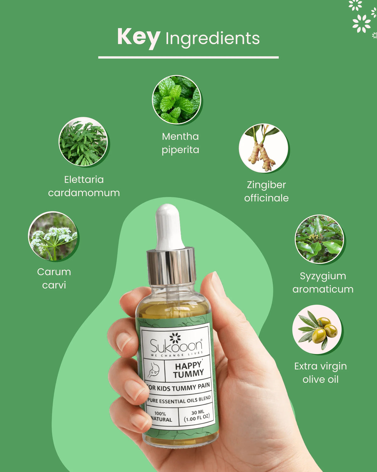 Happy Tummy kids essential oil blend with natural ingredients like mint, ginger, cardamom, and olive oil
