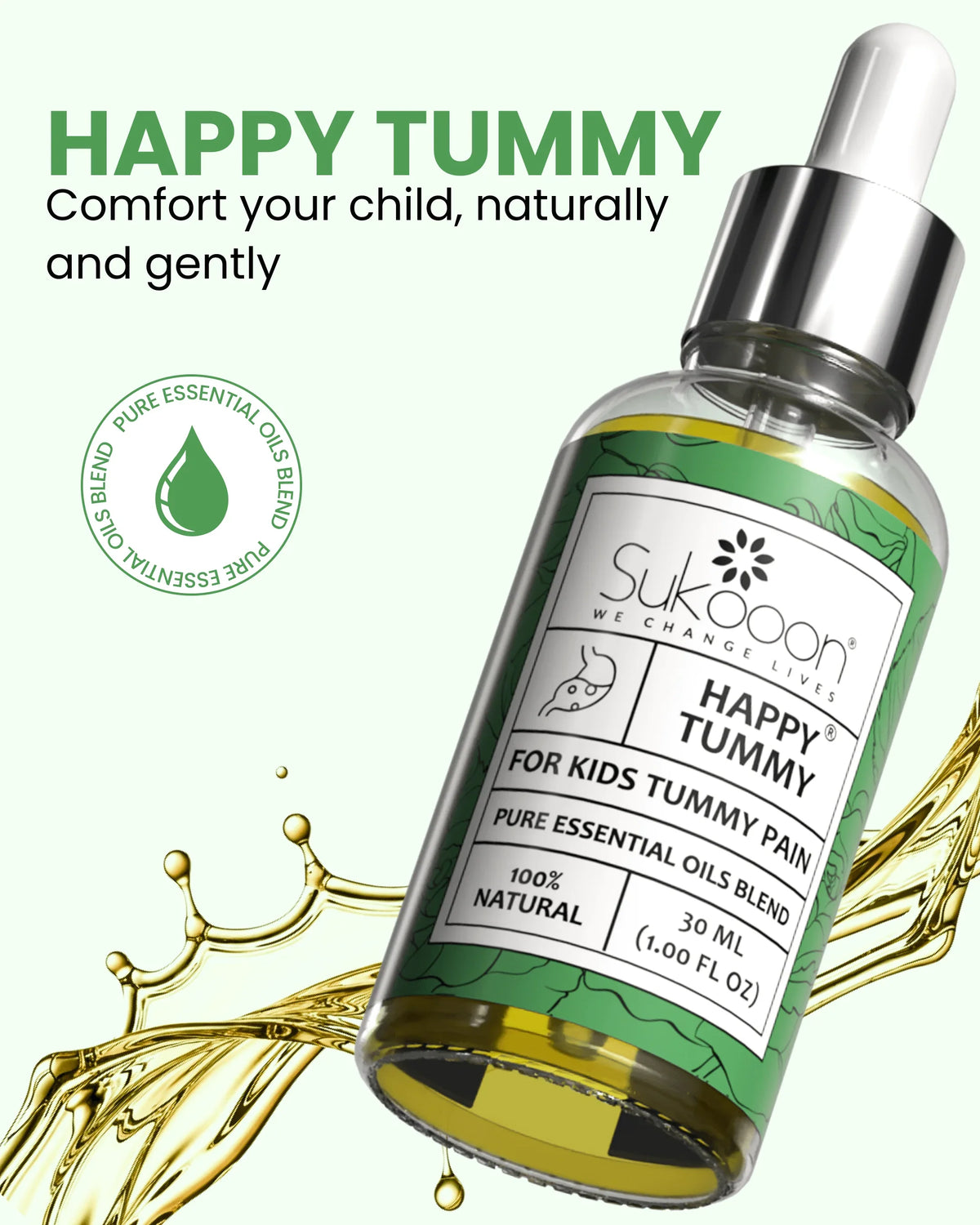 Happy Tummy kids essential oil blend for natural tummy pain relief, 100% natural, 30ml bottle with dropper