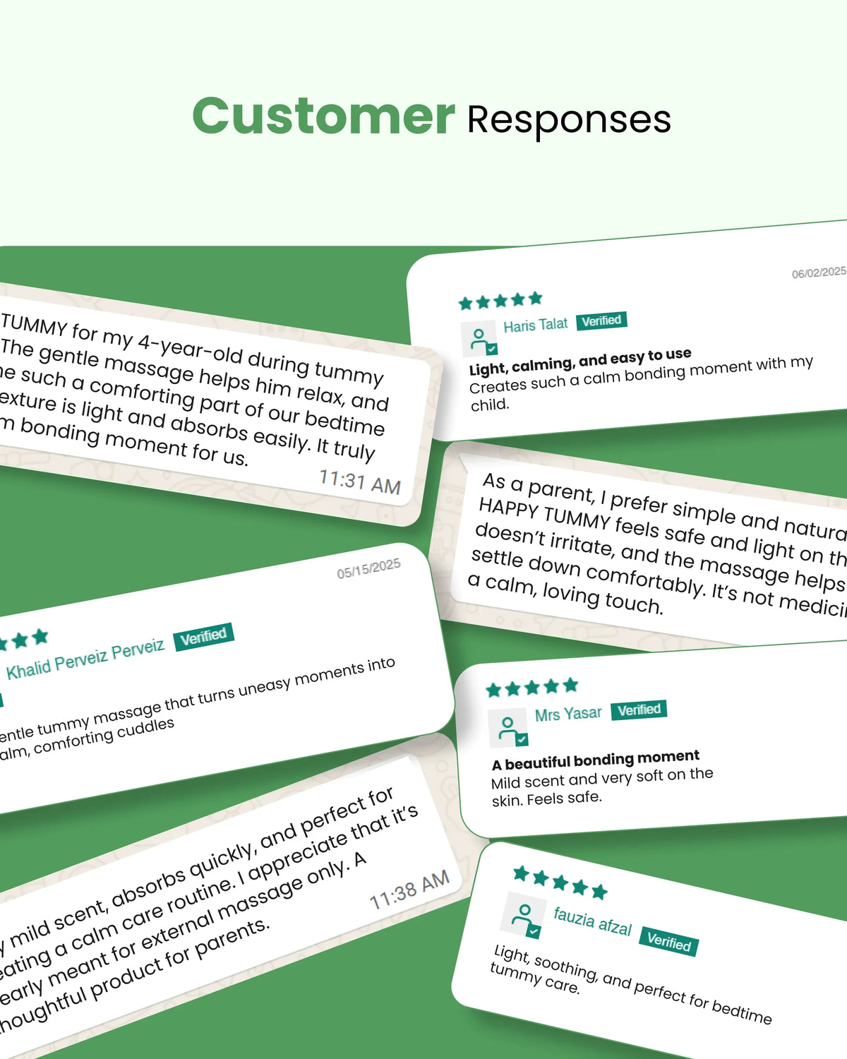 Customer reviews for natural tummy care product, highlighting calming massage, safe for kids, bedtime bonding, and gentle formula.