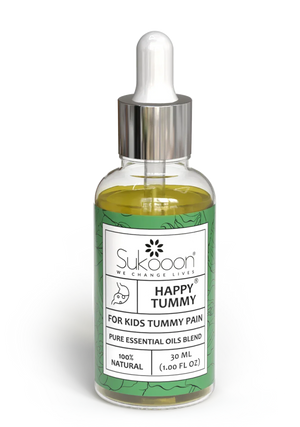 Sukooon Happy Tummy essential oil blend for kids' tummy pain, 100% natural, 30ml bottle with dropper