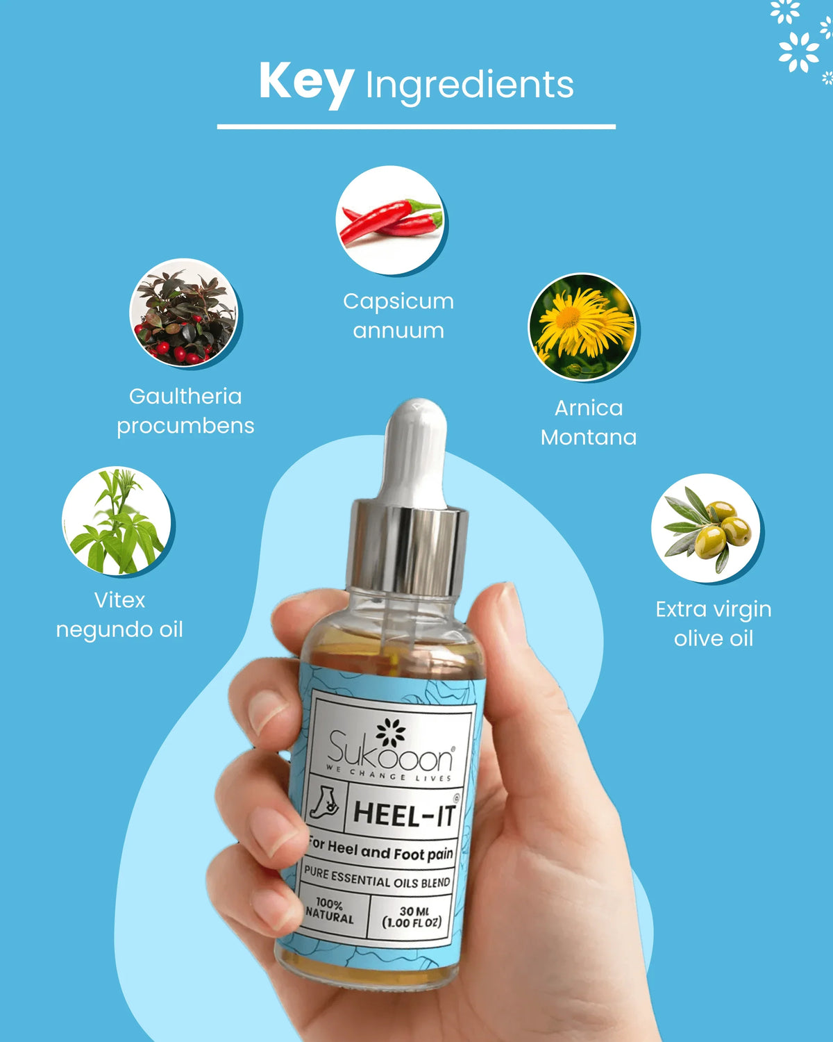 Hand holding Sukooon HEEL-IT essential oil blend for heel & foot pain with natural ingredients like capsicum, arnica, olive oil
