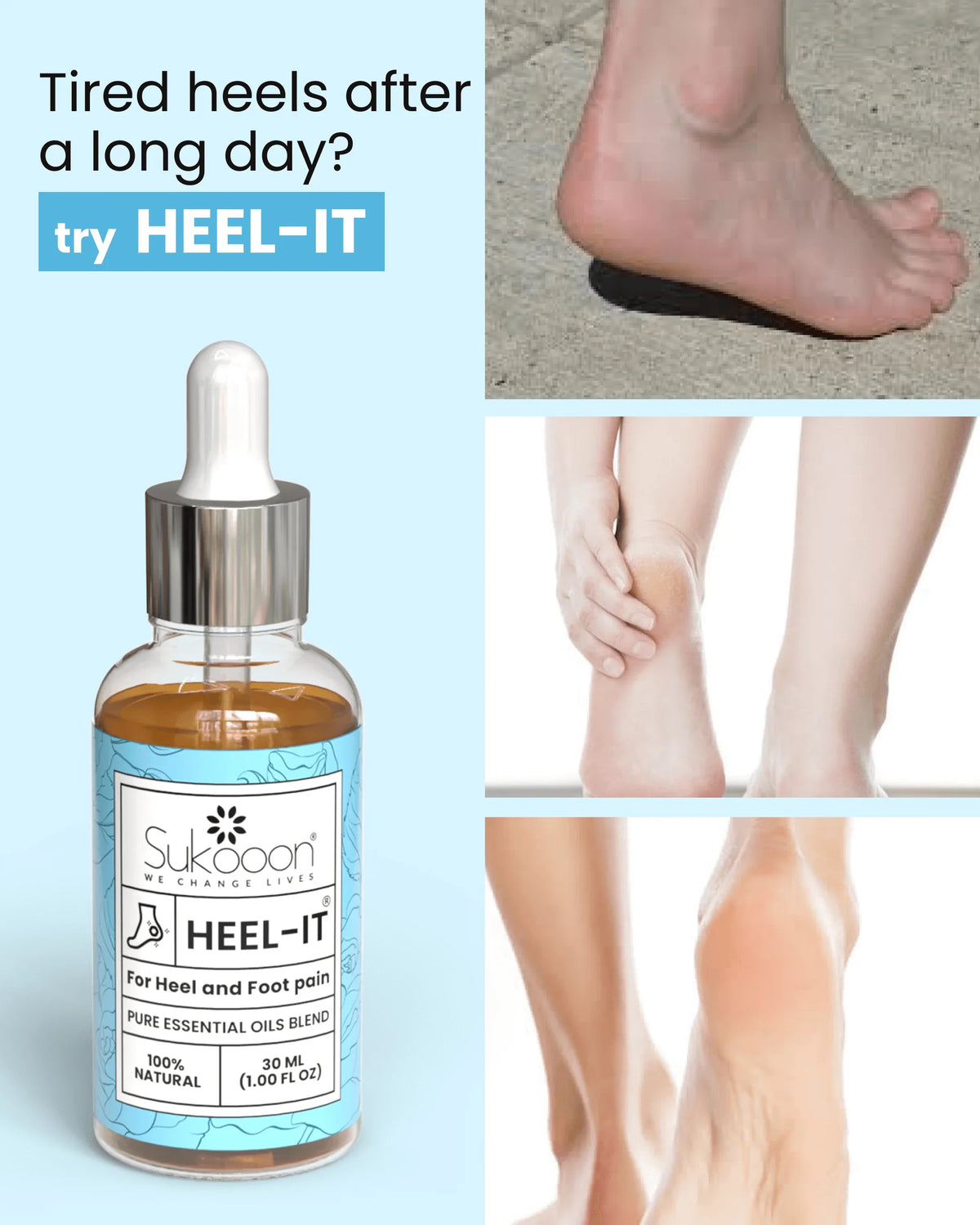 HEEL-IT pure essential oil blend for heel and foot pain relief, 100% natural, 30ml bottle with dropper