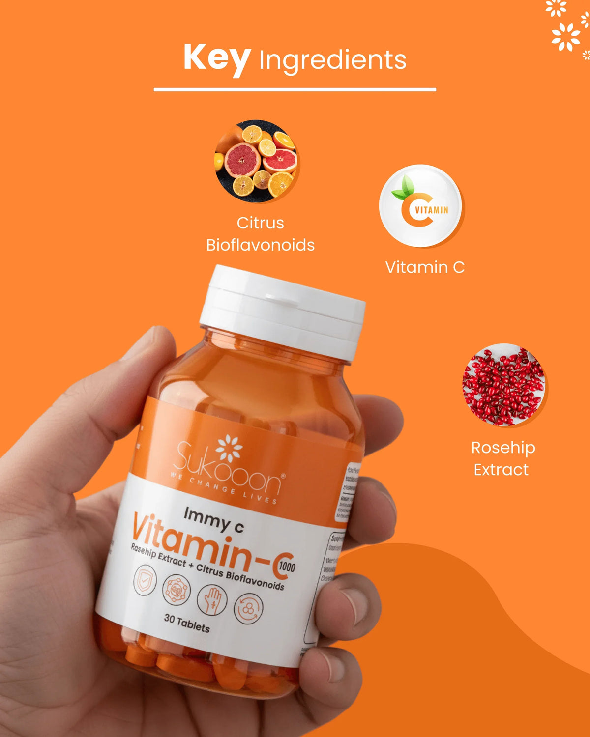 Immy C Vitamin C 1000 supplement with citrus bioflavonoids, rosehip extract, and immune support, 30 tablets