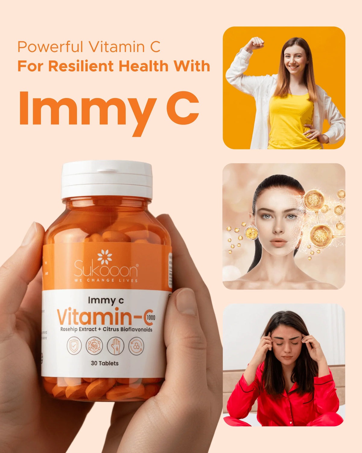 Immy C Vitamin C 1000mg supplement bottle with rosehip extract, promoting immune support and resilient health