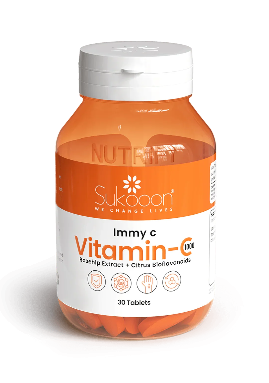 Immy C Vitamin-C 1000 with Rosehip Extract & Citrus Bioflavonoids, 30 tablets in orange bottle